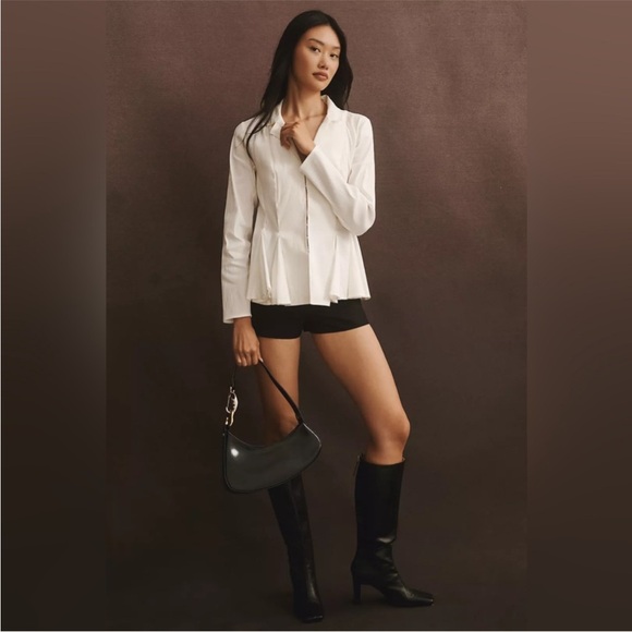 BNWT BY ANTHROPOLOGIE LONG-SLEEVE COLLARED LINEN PEPLUM OFF-WHITE BLOUSE - Picture 4 of 5